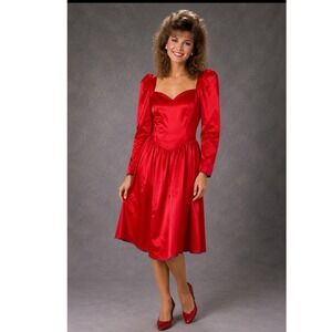 VTG  80's Dress‎  Bill Levkoff Sz S Red Satin  Whimsigoth Punk New Wave